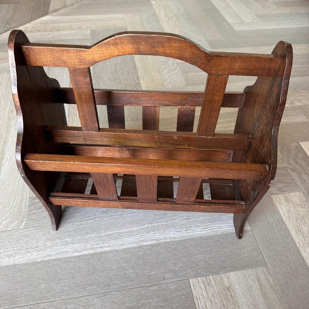 Vintage Wood Magazine Rack Slatted Floor Stand Dark Brown Primitive Home Office